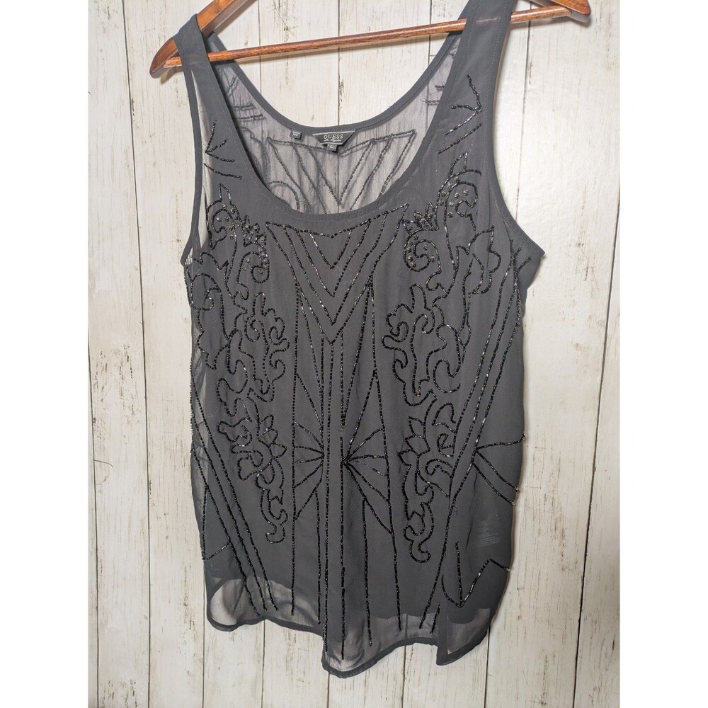 Guess Black Beaded Sheer Tank Top Size Large Art Deco Glam 20s Flapper Gatsby